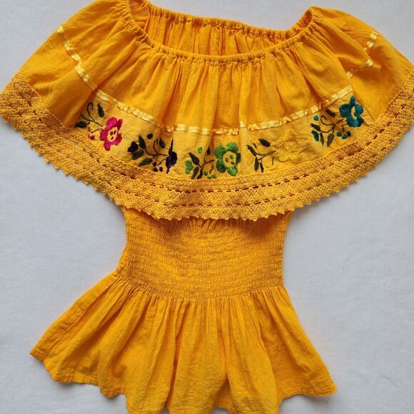 Summer Festival Mexican Yellow Off-Shoulder Top Floral Embroidery Crochet Boho - Picture 5 of 8